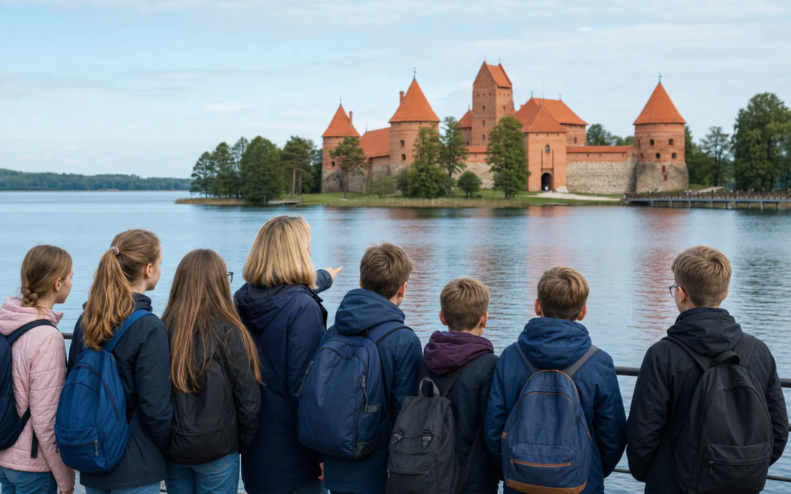 Mokiniai su mokytoja žiūri per Galvės ežerą į Trakų salos pilį
